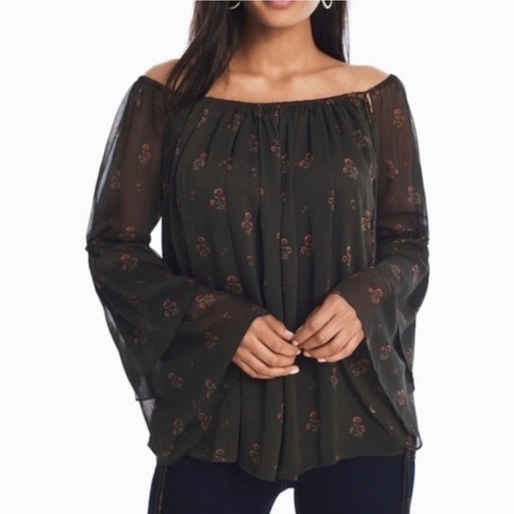 White House Black Market Tops - White House Black Market Olive Green Floral Off Shoulder Bell Sleeve Top